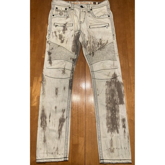 Mens Size 32 X 33 Rock Revival Beige Distressed Acid Wash Jeans Callan Biker - Picture 1 of 8